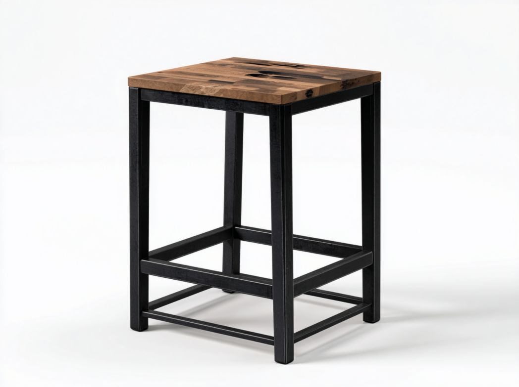 Table mange debout style industriel avec structure en métal noir et plateau carré en bois