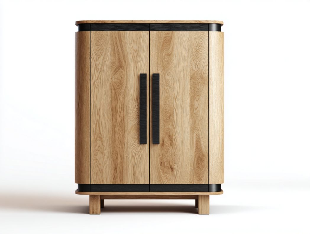 Vaisselier en bois naturel à deux portes avec étagères intérieures et finitions noires