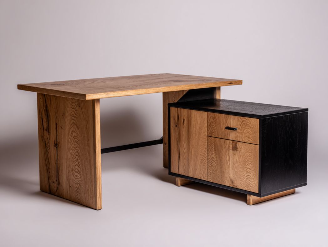 Bureau d’angle bois naturel et noir avec caisson de rangement et tiroir