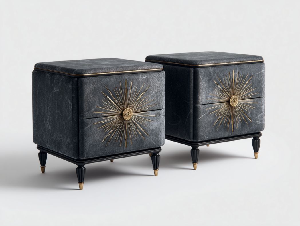 Lot de 2 tables de chevet noires style vintage avec motif soleil doré et 2 tiroirs