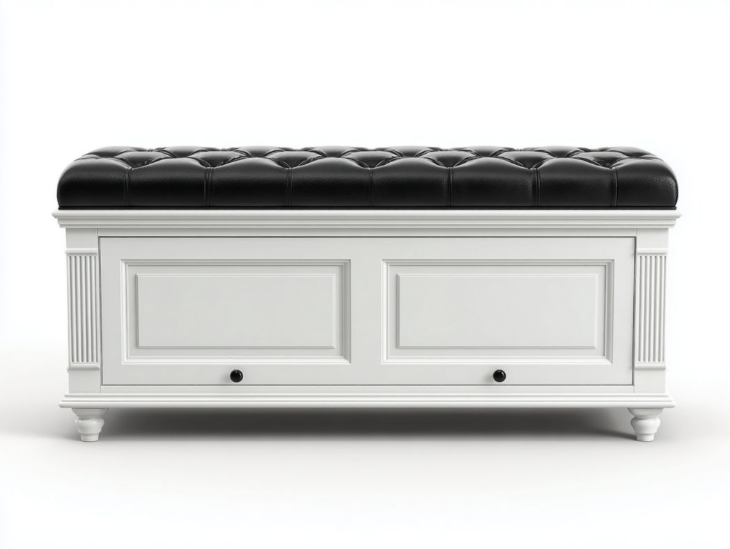 Banc coffre style classique Bois blanc avec assise capitonnée en similicuir noir