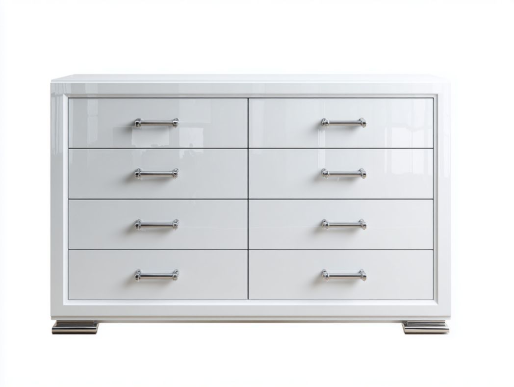 Chiffonnier moderne 8 tiroirs blanc laqué avec poignées métalliques