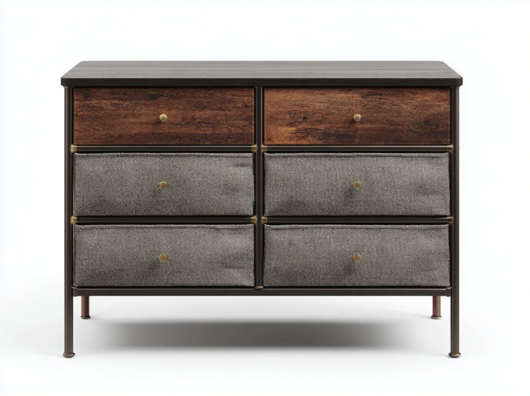 Chiffonnier industriel 6 tiroirs bois et tissu avec structure en métal