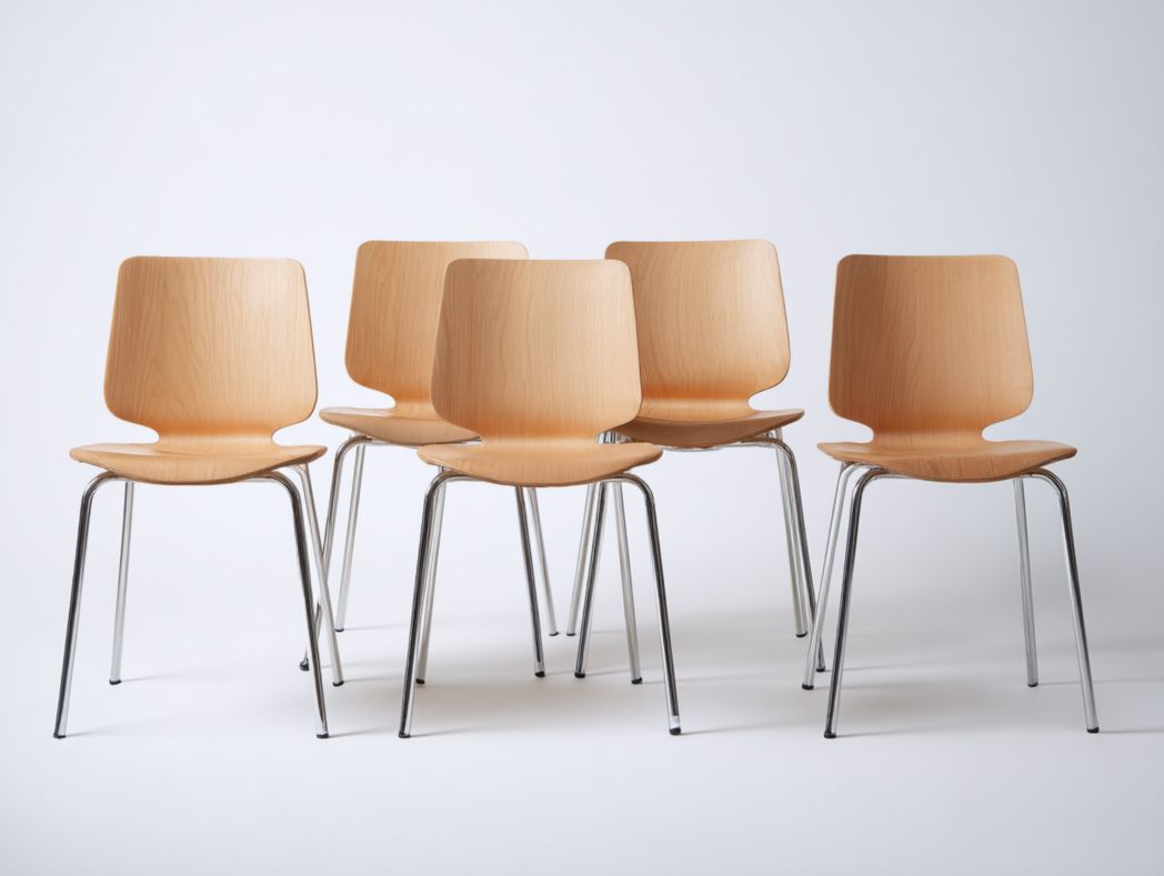 【Lot de 5】Chaises de conférence en bois clair avec dossier épuré et pieds en métal chromé