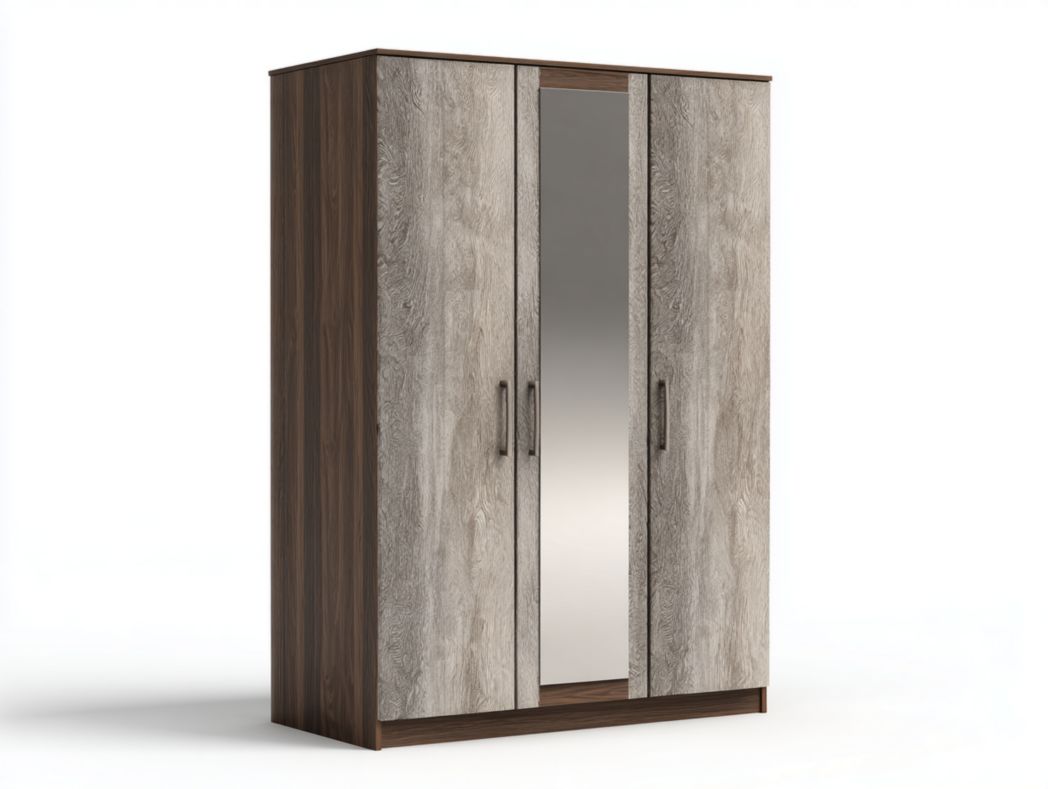 Armoire 3 portes en bois décor gris avec miroir central intégré
