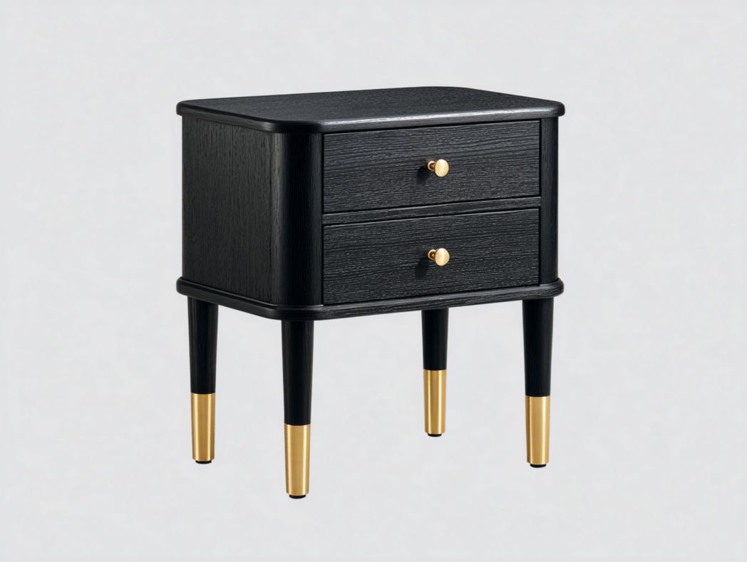 Table de chevet moderne – 2 tiroirs noir bois avec détails dorés