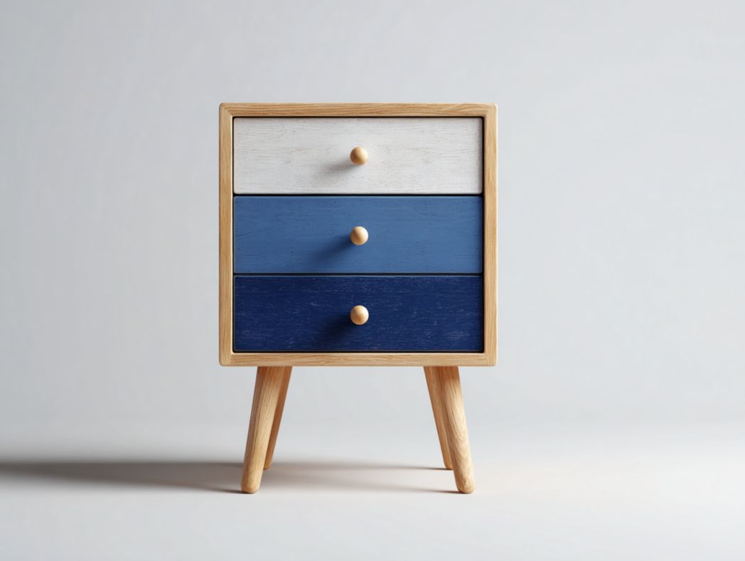 Table de chevet en bois – 3 tiroirs dégradés bleu et blanc, style nordique