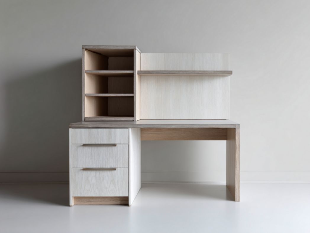 Bureau d’angle moderne en bois clair avec tiroirs et étagères ouvertes