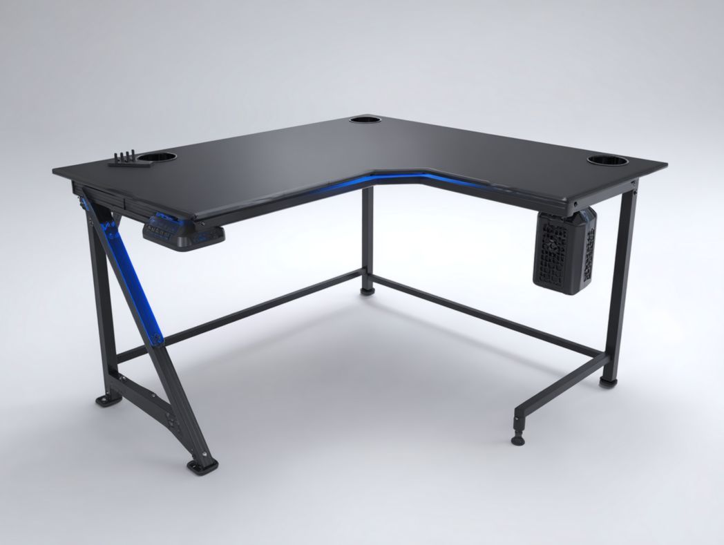 Bureau gaming en L noir avec passe-cables et support d’équipement