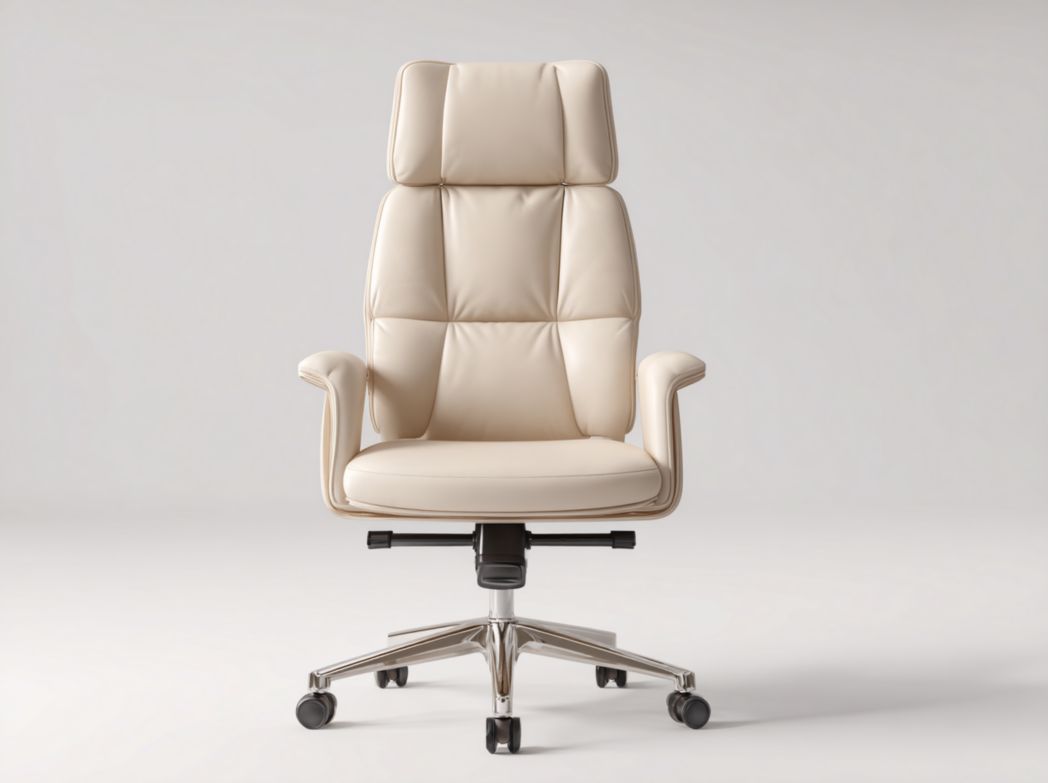 Fauteuil de bureau haut dossier en similicuir beige avec appui-tête et base métallique