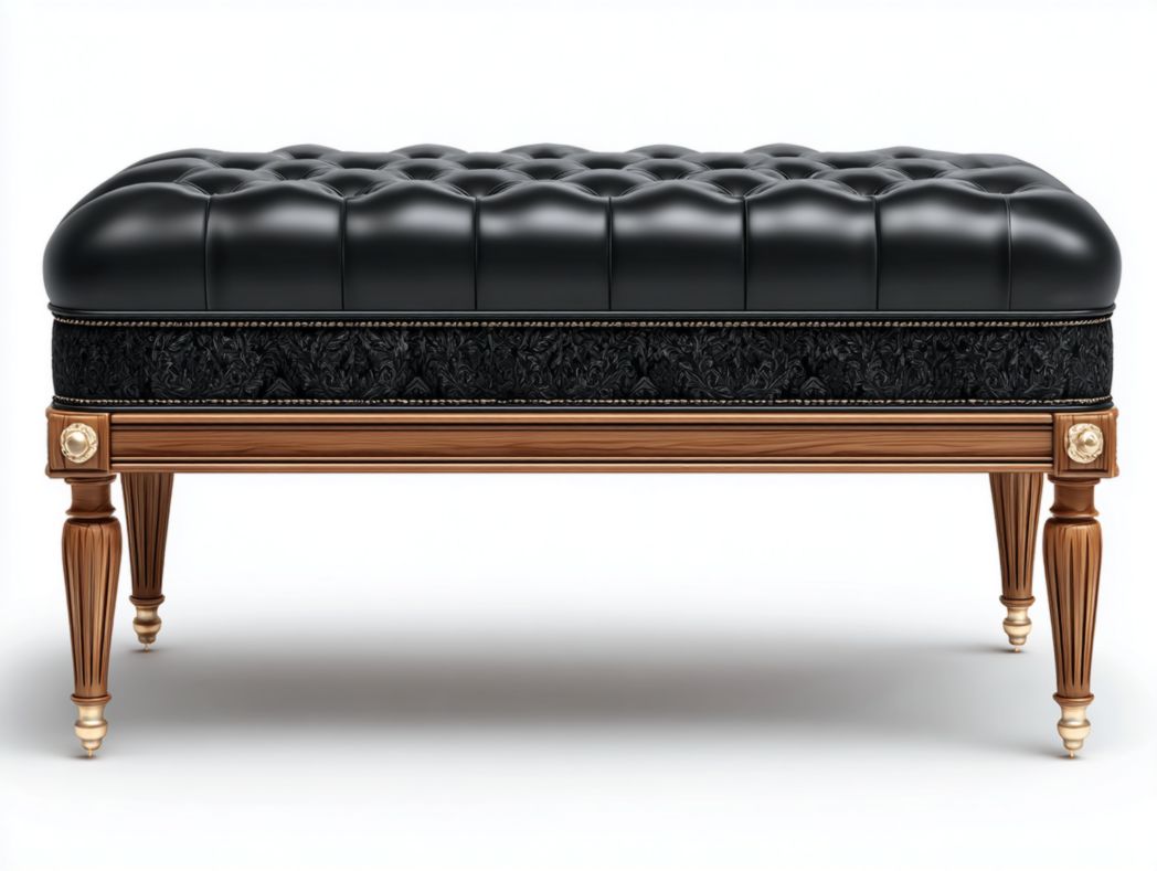 Banc coffre Style classique Assise capitonnée en similicuir noir avec pieds sculptés en bois