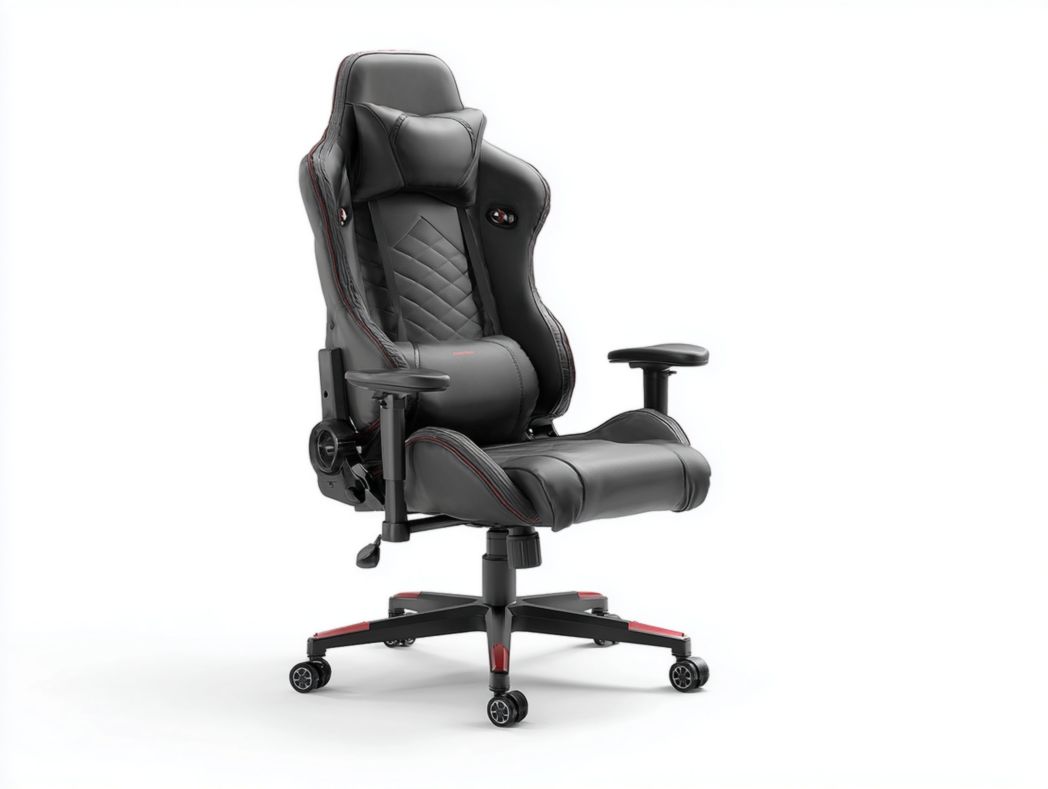 Fauteuil Gaming ergonomique en similicuir noir avec dossier matelassé losanges, appui-tête et coussin lombaire