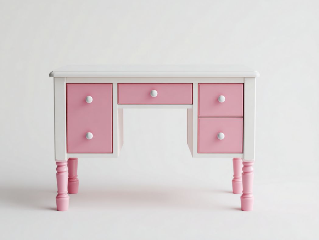 Bureau enfant blanc et rose avec 4 tiroirs de rangement