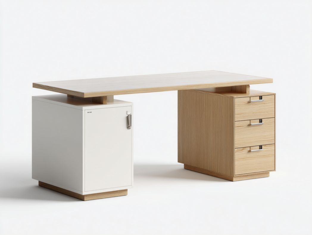 Bureau moderne avec plateau bois clair, armoire latérale et 3 tiroirs de rangement