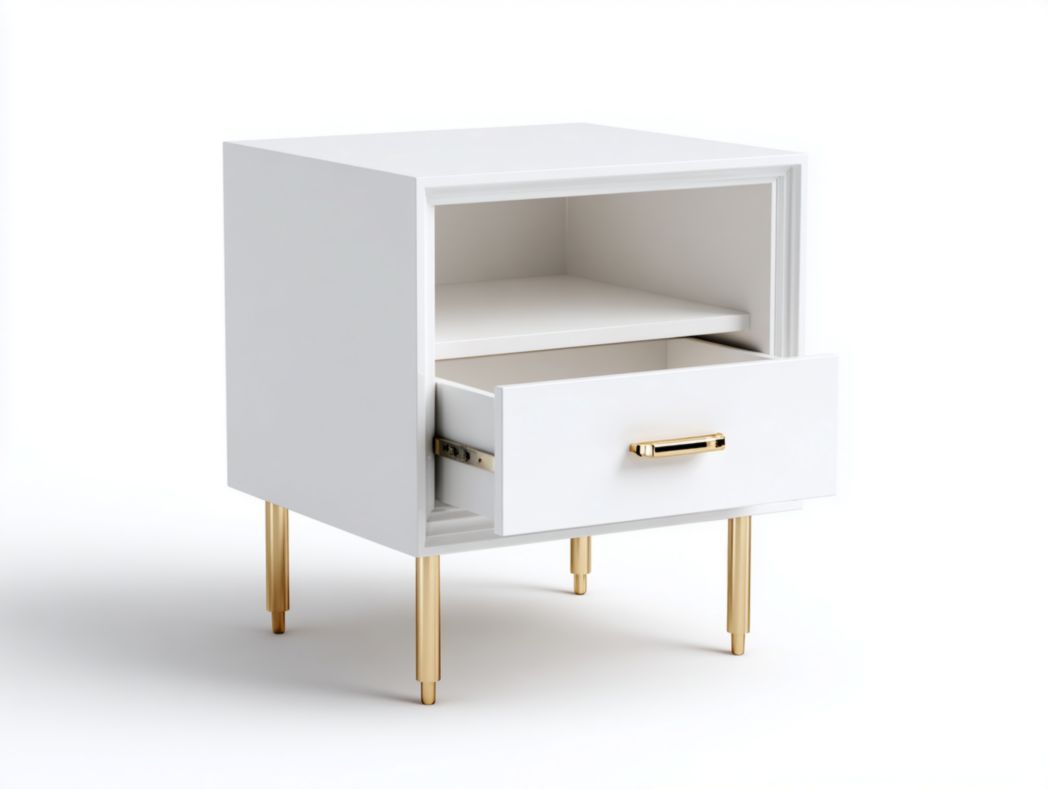 Table de chevet blanche – 1 niche ouverte et tiroir – Pieds en métal doré