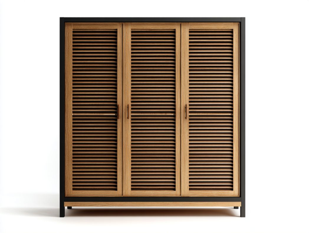 Armoire 3 portes à persiennes bois et cadre noir