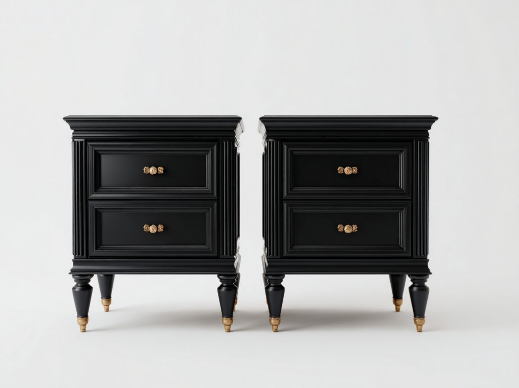 Lot de 2 tables de chevet style classique Noir sculpté avec poignées dorées et 2 tiroirs