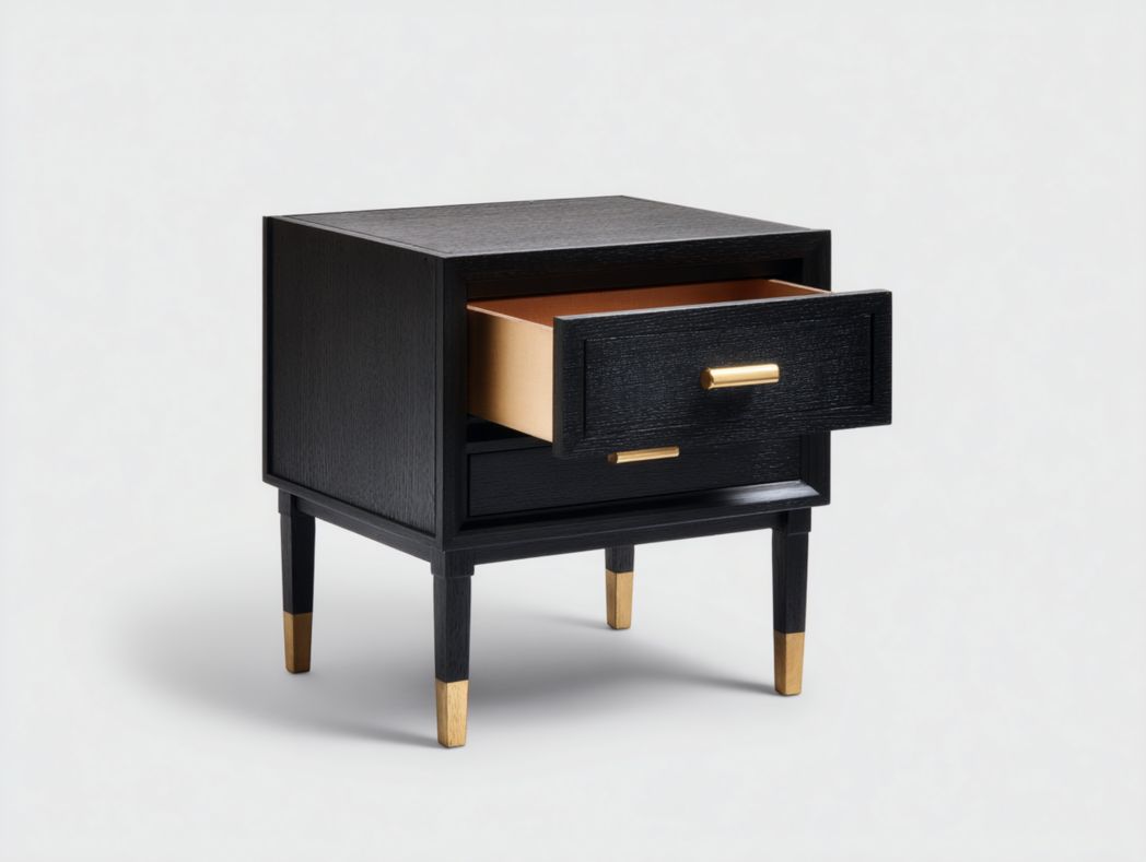 Table de chevet noire moderne – 2 tiroirs avec poignées dorées