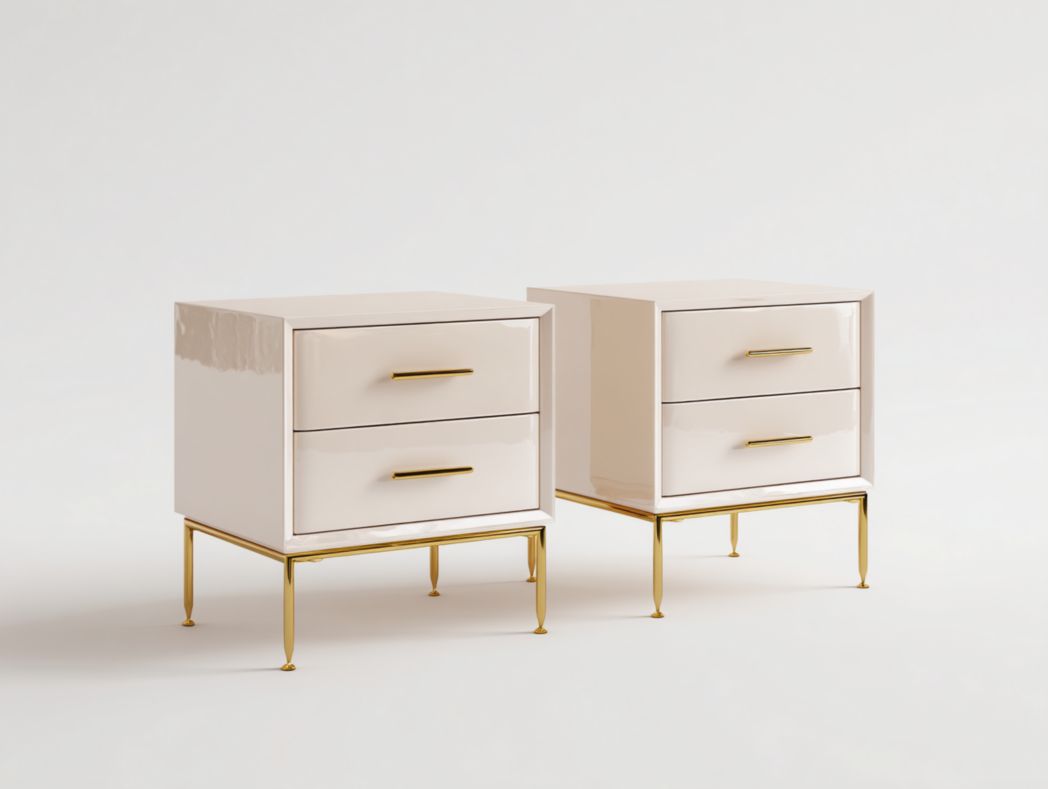 Lot de 2 tables de chevet modernes Crème brillant avec 2 tiroirs et pieds dorés