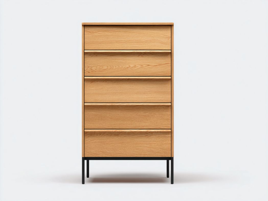Chiffonnier moderne 5 tiroirs bois naturel avec structure métallique noire