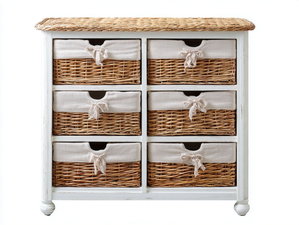 Chiffonnier 6 tiroirs en bois et rotin avec paniers tissu style campagne