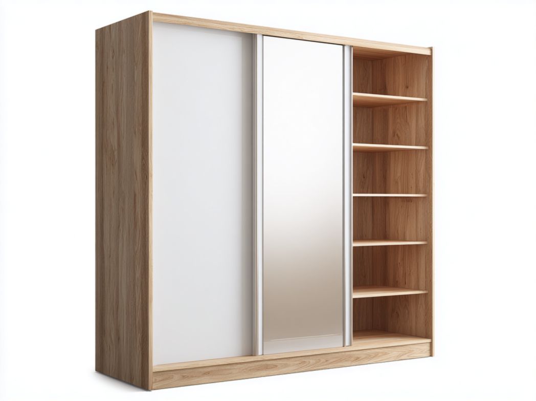 Armoire à portes coulissantes bois clair avec miroir et étagères latérales ouvertes