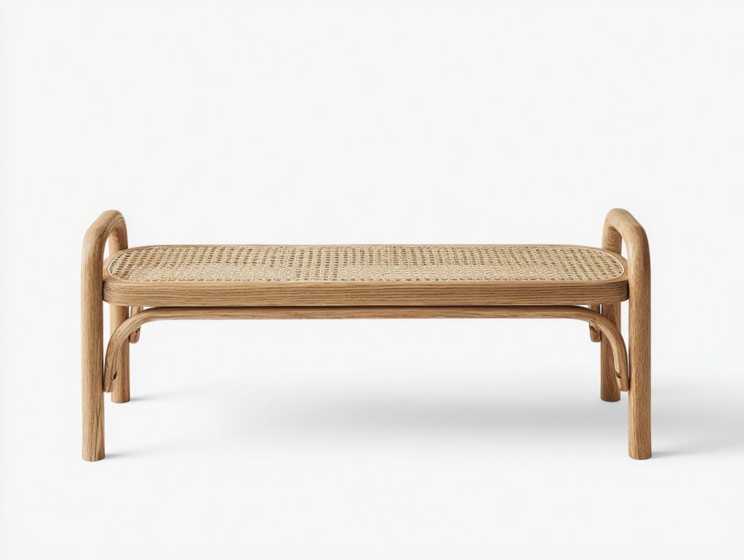 Banc en rotin naturel avec cadre en bois et accoudoirs arrondis