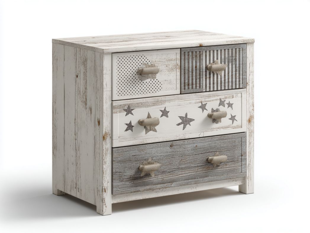 Commode à langer vintage 4 tiroirs décor étoilé et effet bois vieilli