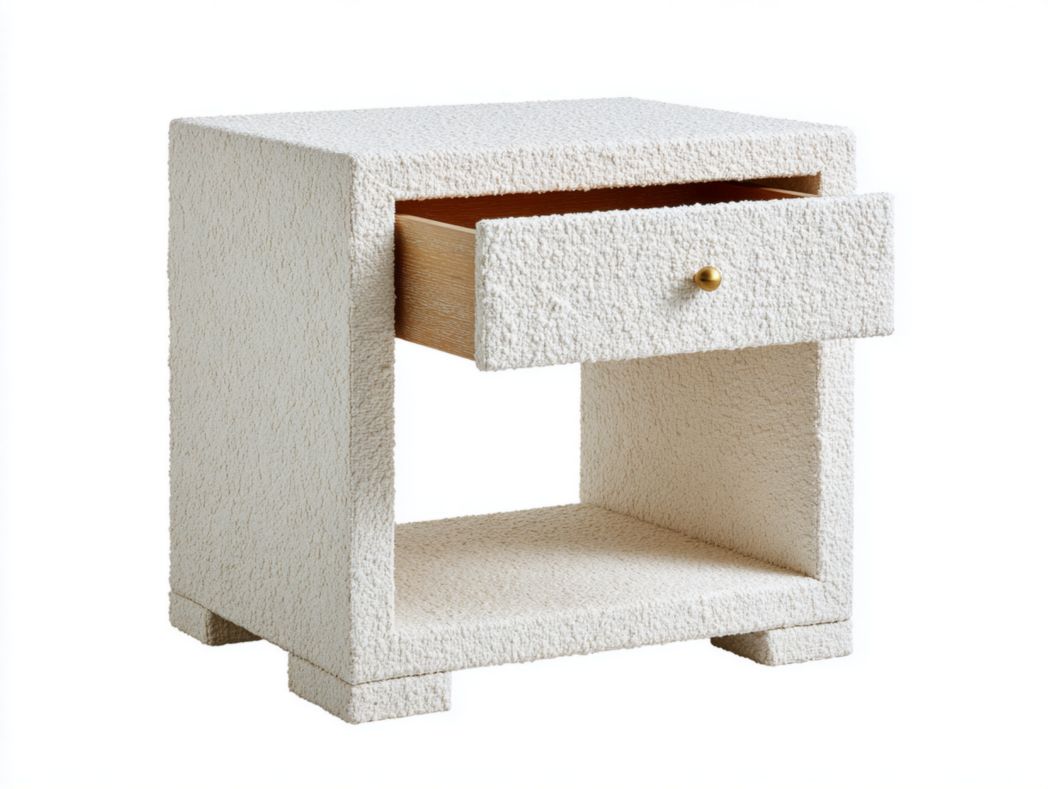 Table de chevet blanche texturée – 1 tiroir et espace ouvert avec poignée dorée