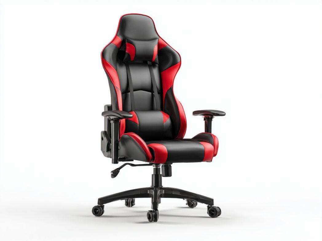 Chaise Gaming ergonomique style course en similicuir rouge et noir avec coussin lombaire et appui-tête