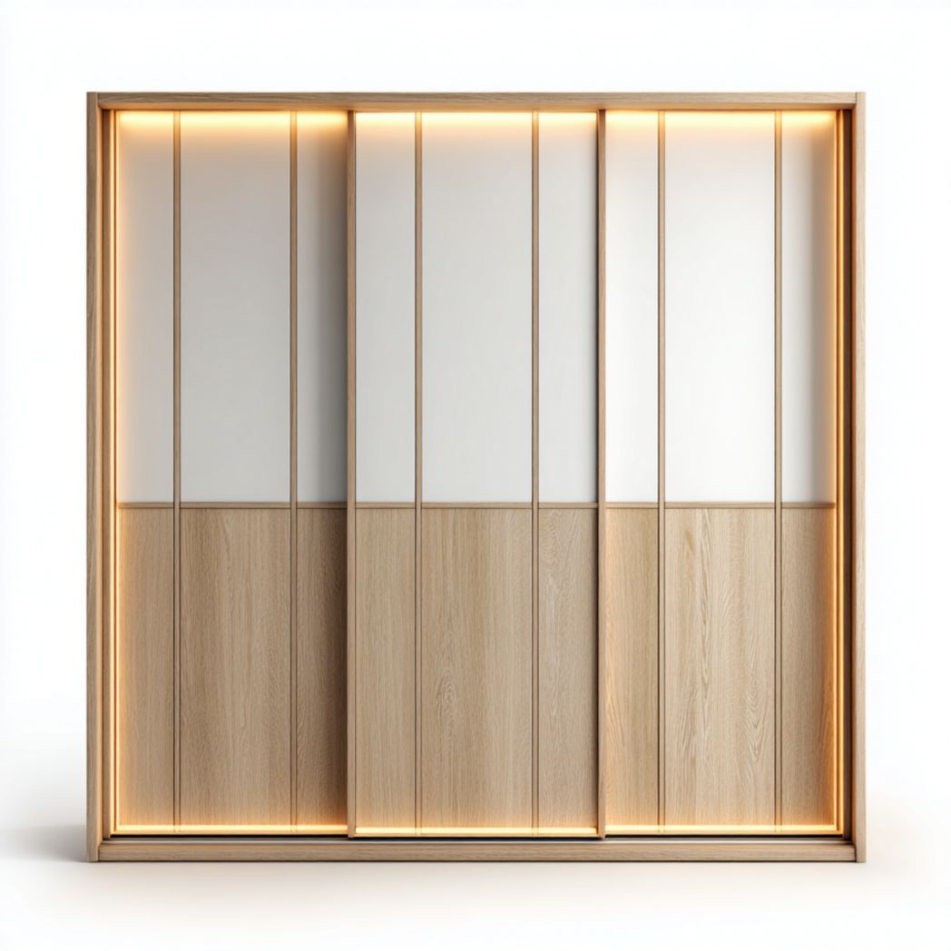 Armoire 3 portes design nordique bois clair et blanc avec éclairage intégré