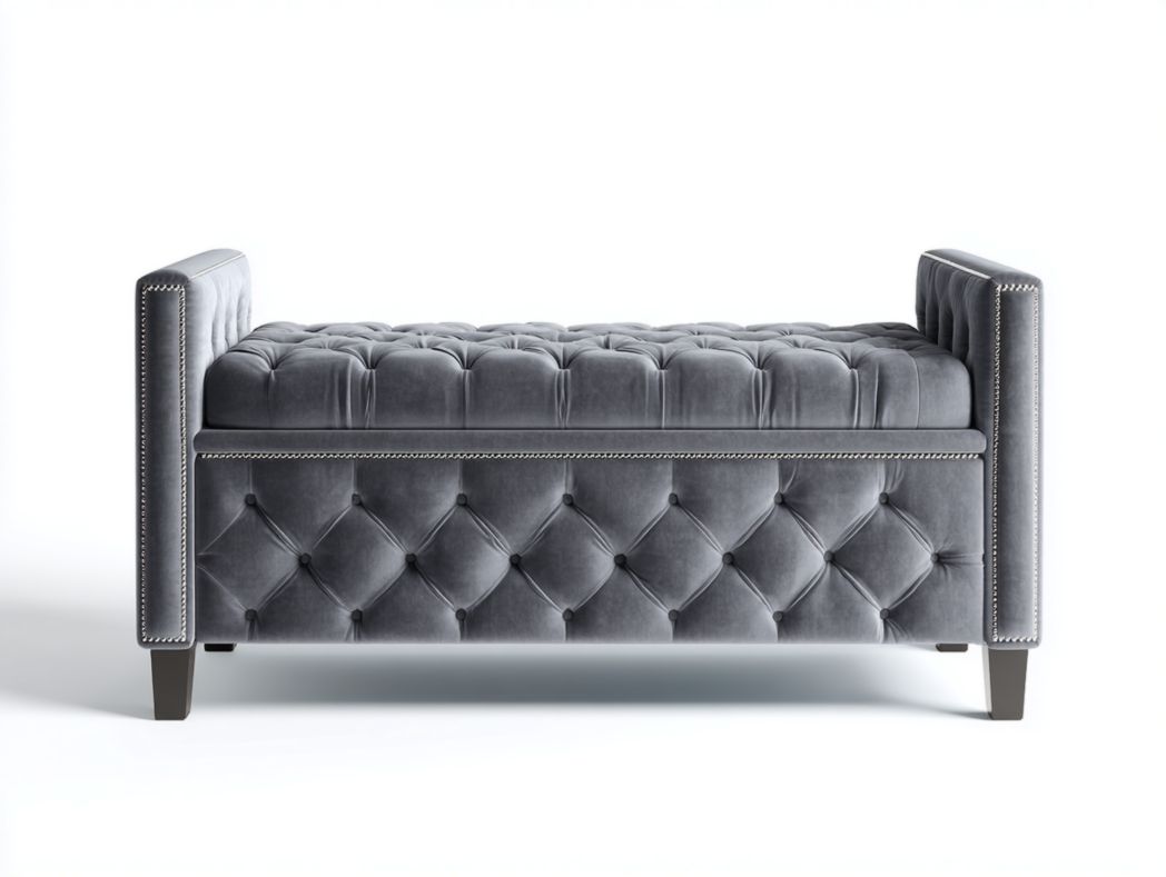 Banc coffre en velours gris avec accoudoirs et finition capitonnée