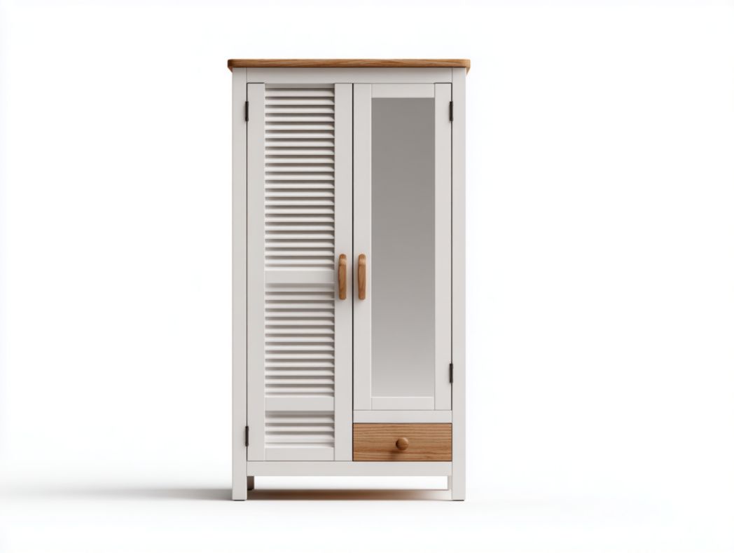 Armoire 2 portes avec persiennes et miroir – design blanc et bois avec tiroir intégré