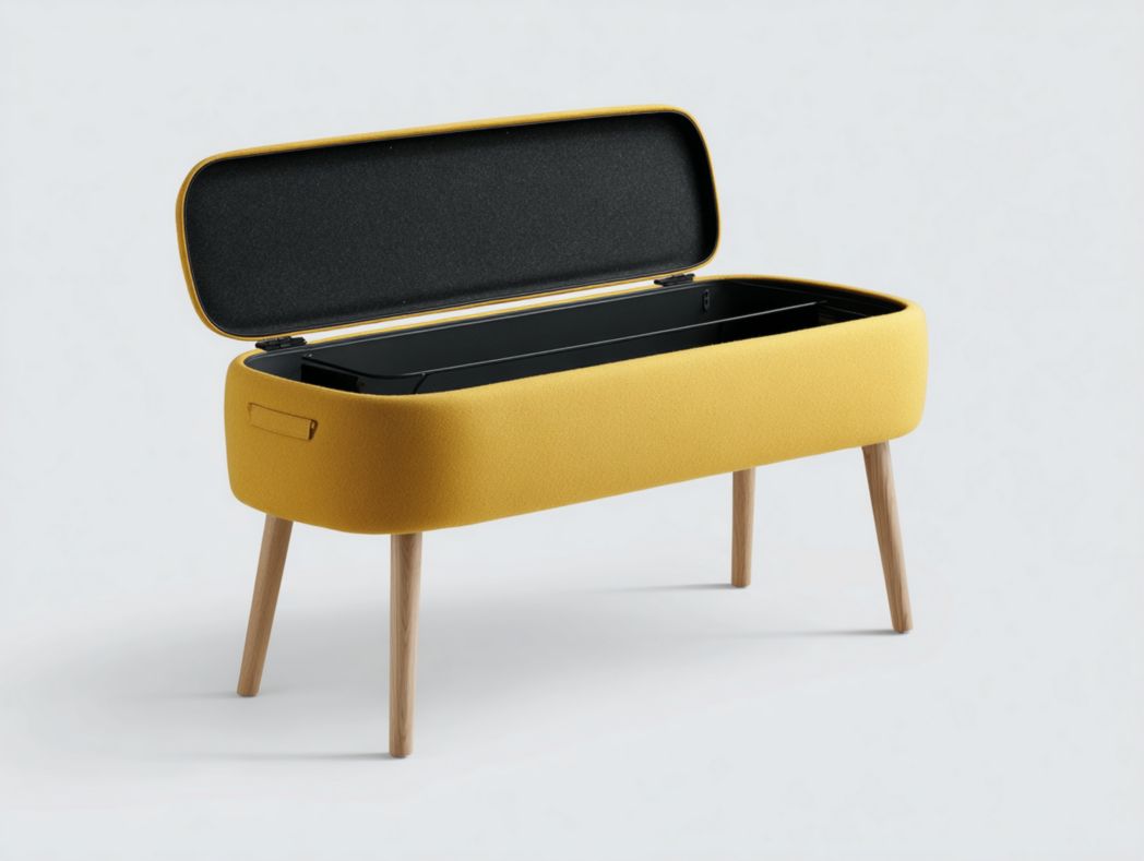 Banc coffre Moderne en tissu jaune avec pieds en bois massif