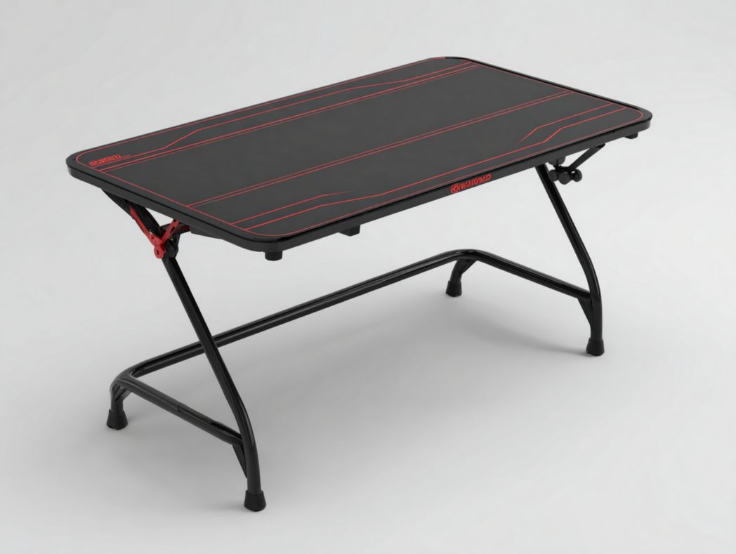 Bureau gaming noir avec structure pliante et lignes rouges
