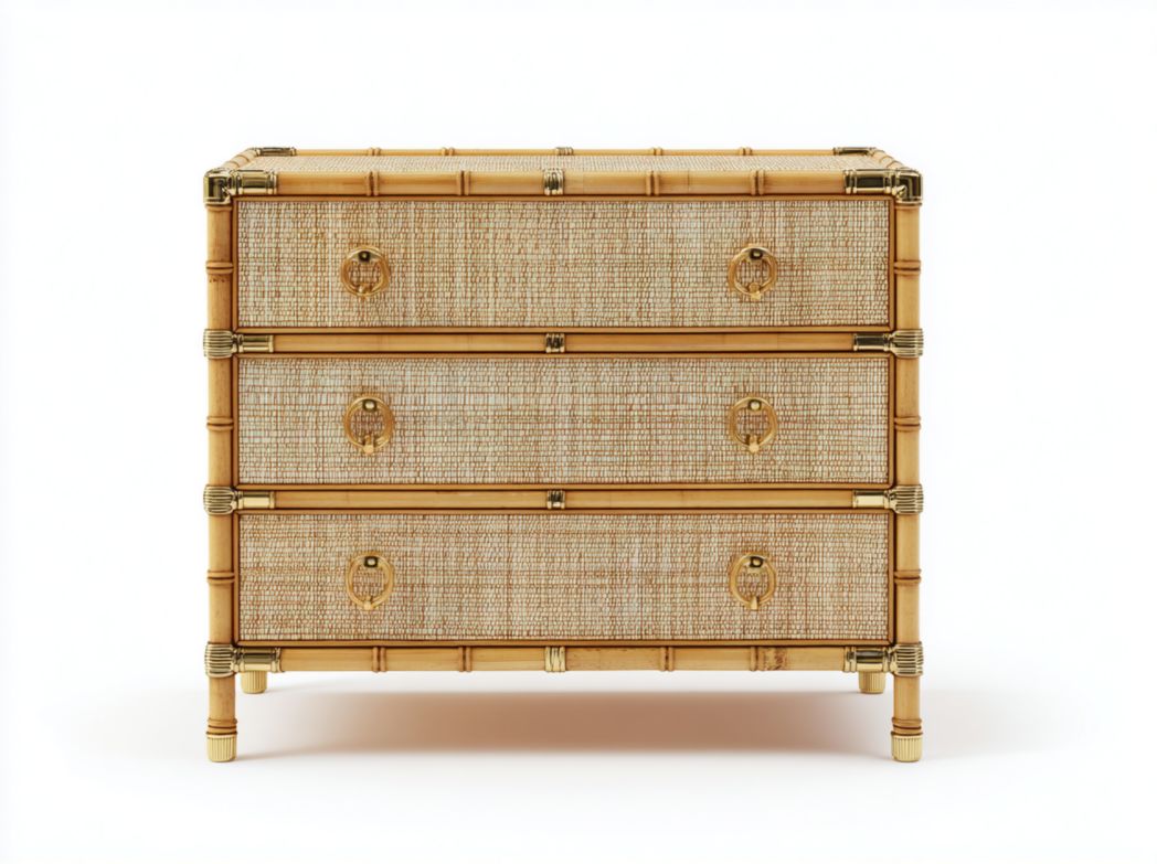 Commode 3 tiroirs en bambou et cannage avec poignées métal
