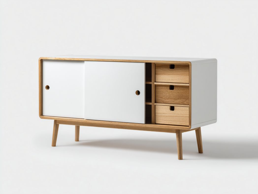 Commode scandinave 3 tiroirs et portes coulissantes bois et blanc