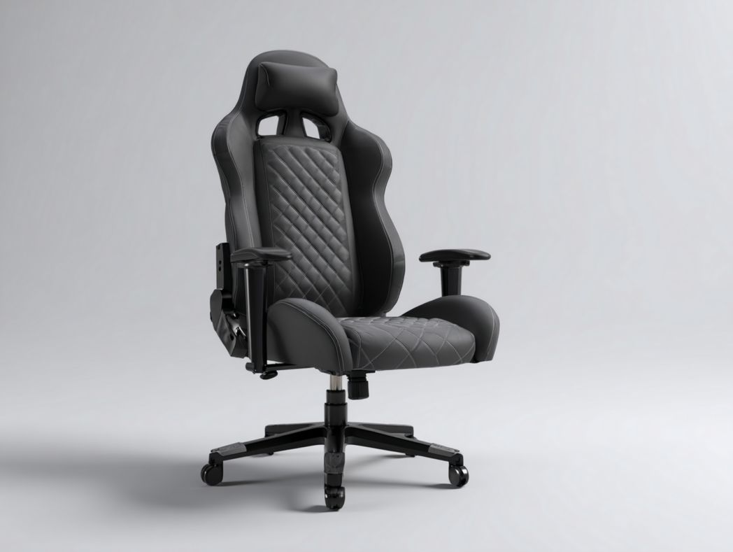 Fauteuil Gaming style course en similicuir noir avec dossier matelassé losanges et appui-tête réglable