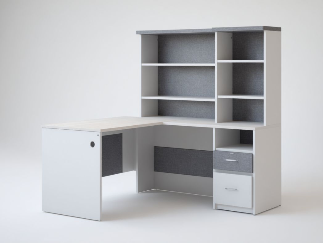 Bureau d’angle avec étagères ouvertes et 2 tiroirs intégrés