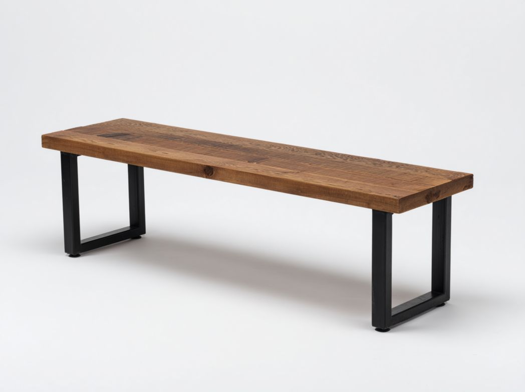Banc en bois massif avec structure métal noire, style industriel vintage