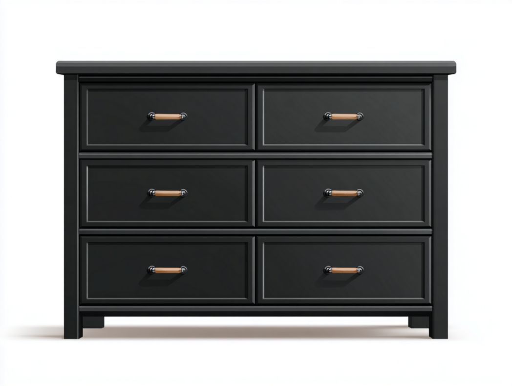 Chiffonnier noir 6 tiroirs avec poignées bois et métal