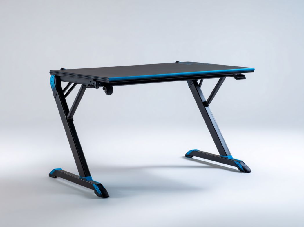 Bureau gaming noir et bleu avec structure en Z stable et moderne