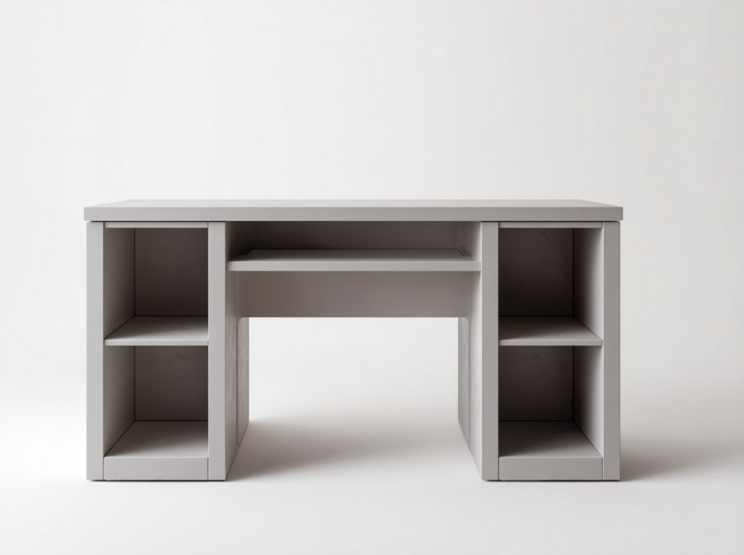 Bureau gaming gris avec étagères de rangement et plateau clavier