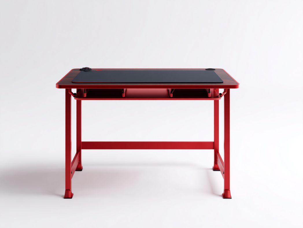 Bureau gaming rouge avec structure métallique et plateau noir