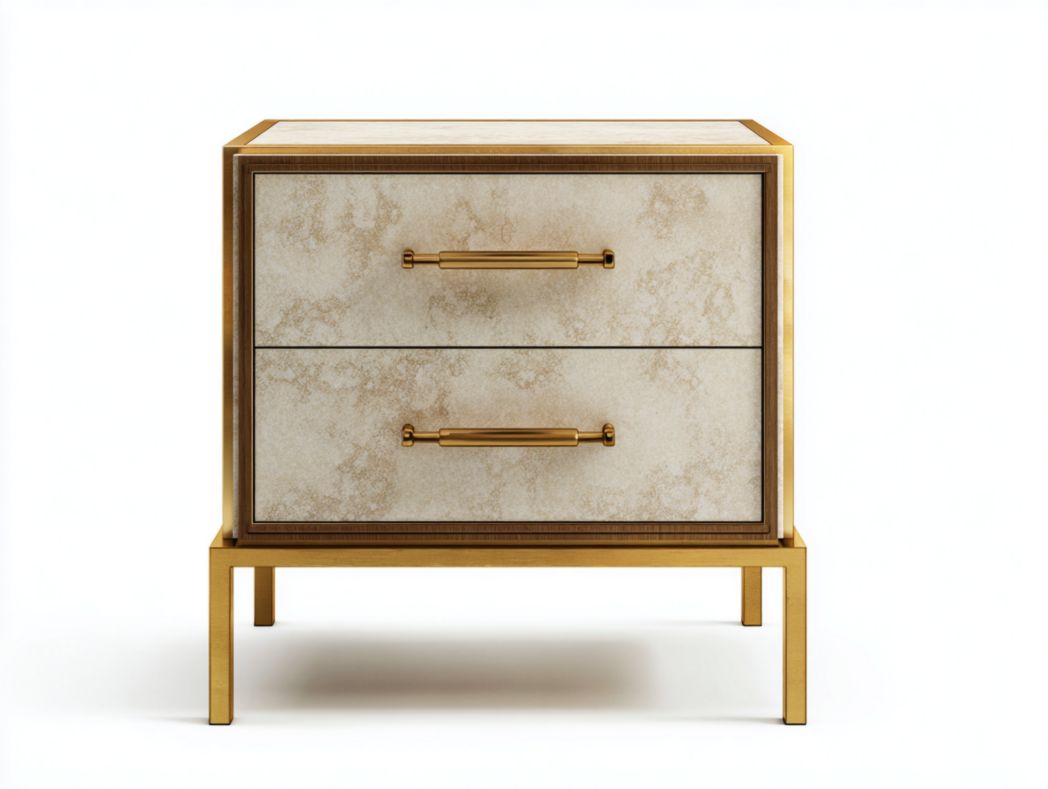 Table de chevet moderne – 2 tiroirs décor marbre avec cadre doré