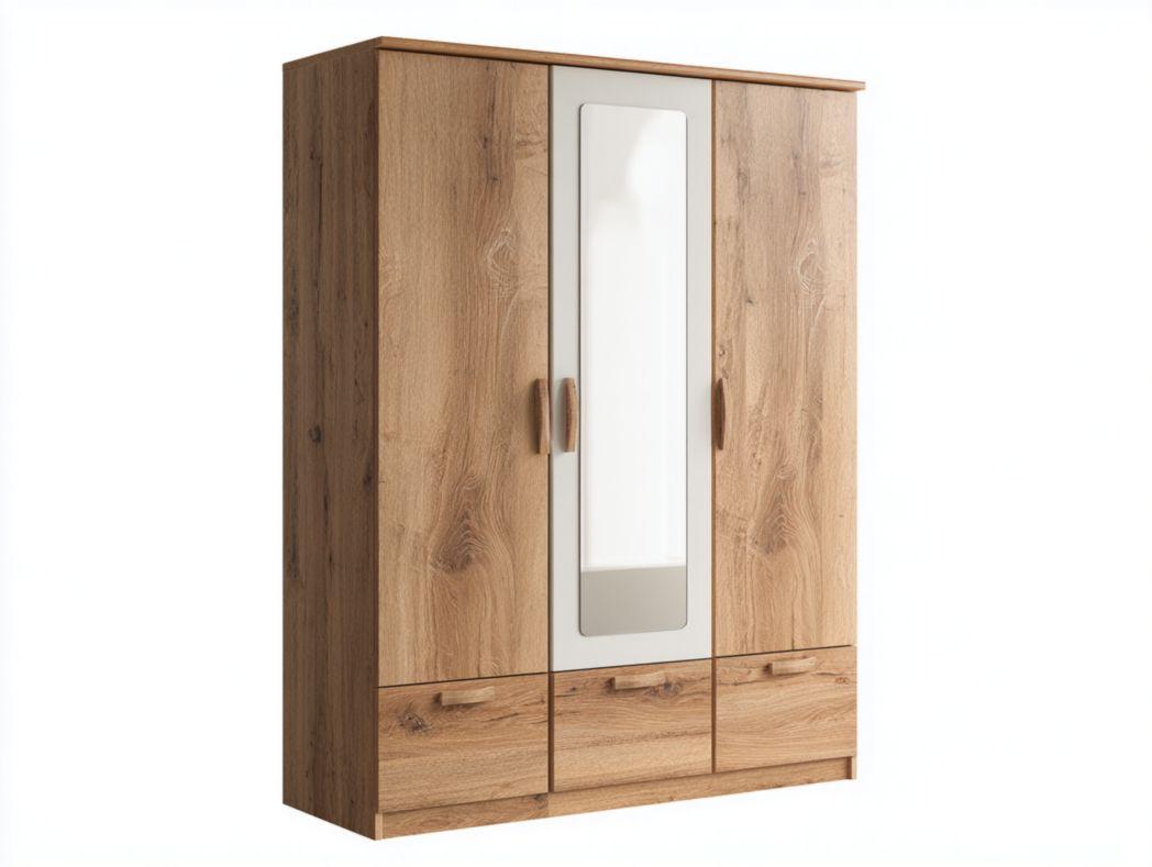 Armoire 3 portes décor chêne avec miroir central et tiroirs