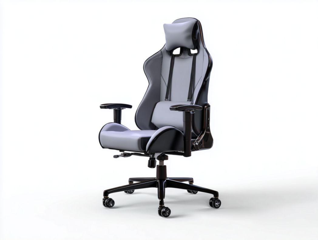 Fauteuil Gaming ergonomique en similicuir gris et noir avec dossier haut et appui-tête réglable