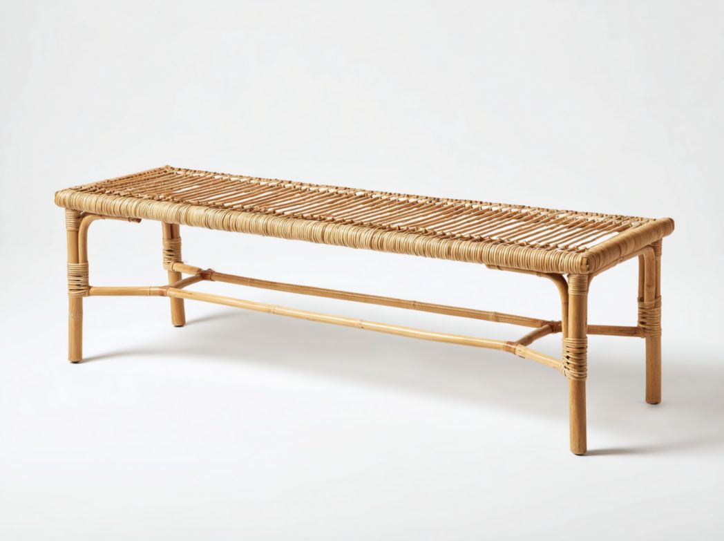 Banc en rotin naturel sans dossier, structure bois et assise tressée à la main