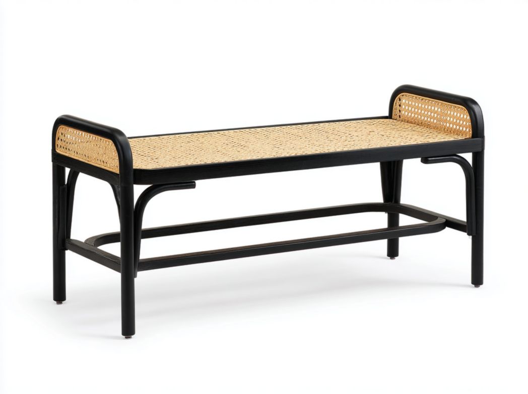Banc en rotin avec cadre en bois noir – assise naturelle, style scandinave