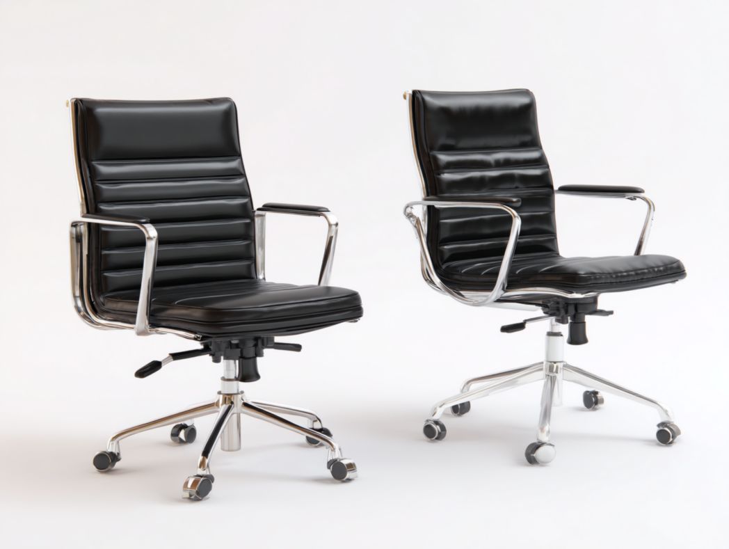 Lot de 2 chaises de conférence en cuir noir avec dossier haut et base chromée à roulettes